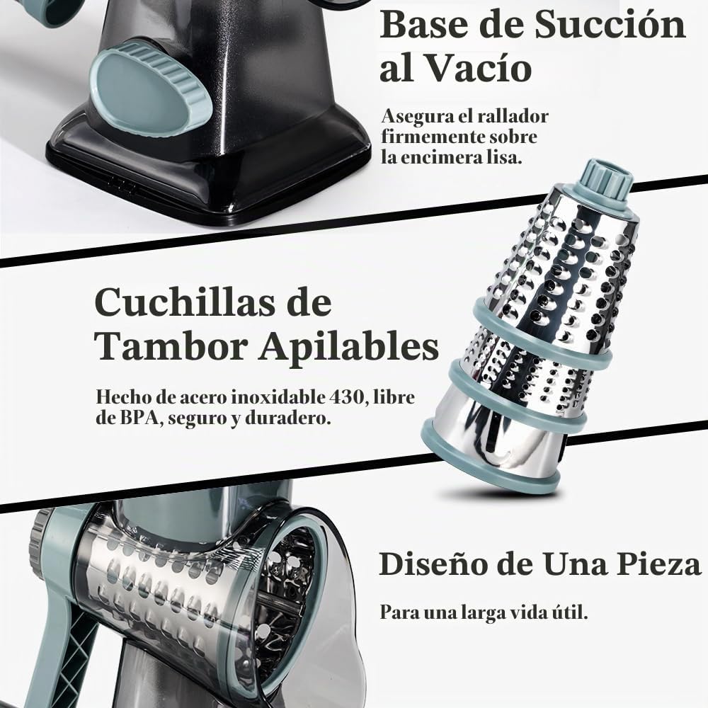 Rallador de queso, triturador de queso y verduras, rallador para cocina, 3 cuchillas intercambiables para queso, papa, calabacín, nueces, chocolate (gris azul)