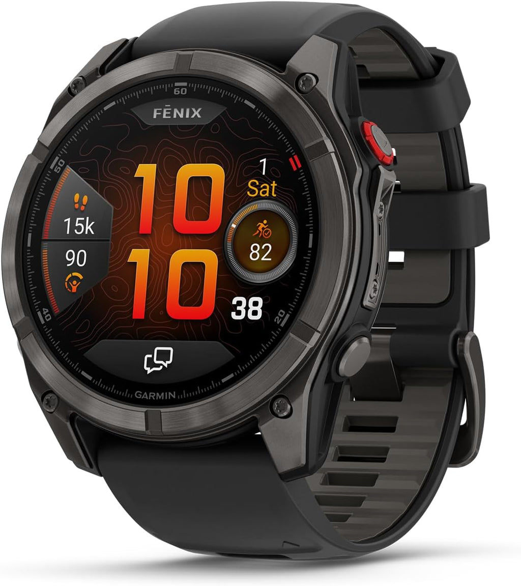 Garmin Fenix 8 Pro 2.008 in, tecnología inReach, pantalla AMOLED, reloj inteligente GPS multideportivo, zafiro, gris carbón DLC titanio con banda de silicona negro/gris guijarro gris rastreador de