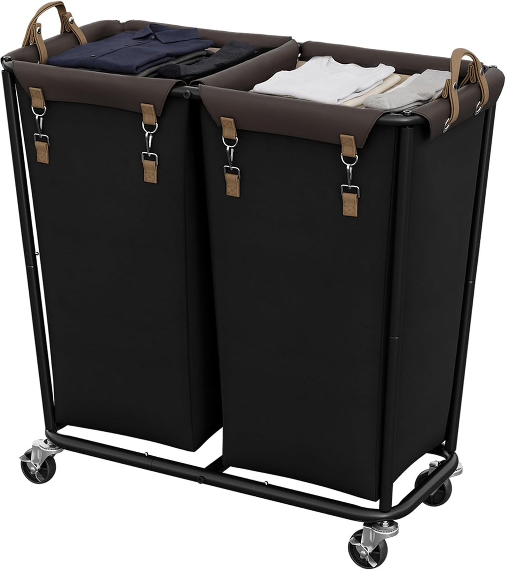 StorageWorks Cesta de lavandería de 2 secciones, carrito rodante negro