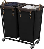 StorageWorks Cesta de lavandería de 2 secciones, carrito rodante negro