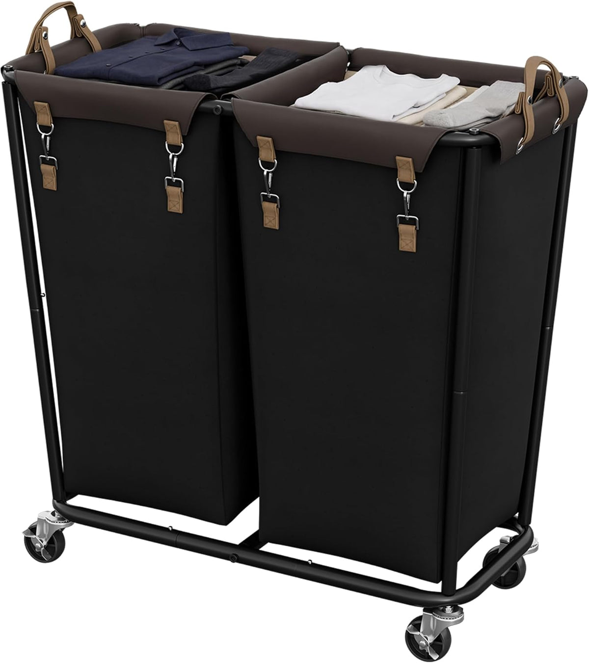 StorageWorks Cesta de lavandería de 2 secciones, carrito rodante negro