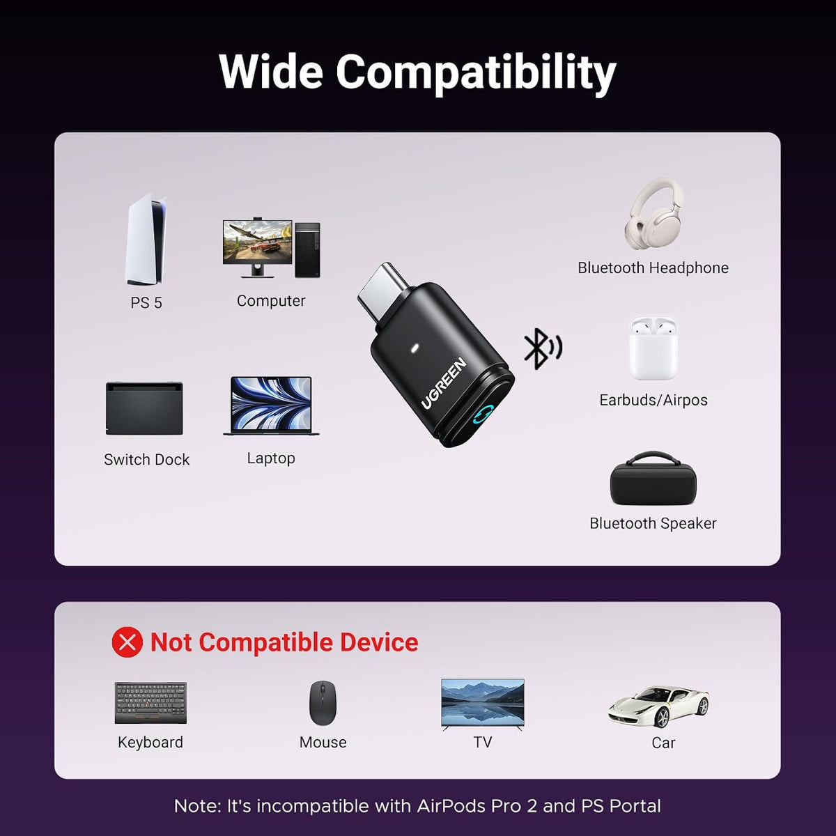 UGREEN Adaptador Bluetooth USB-C para PS5, Adaptador de Audio Bluetooth 5.3 con APTX Baja Latencia y aptX-Adaptive, Transmisor de Audio Inalámbrico para Conectar Auriculares Inalámbricos y Earbuds