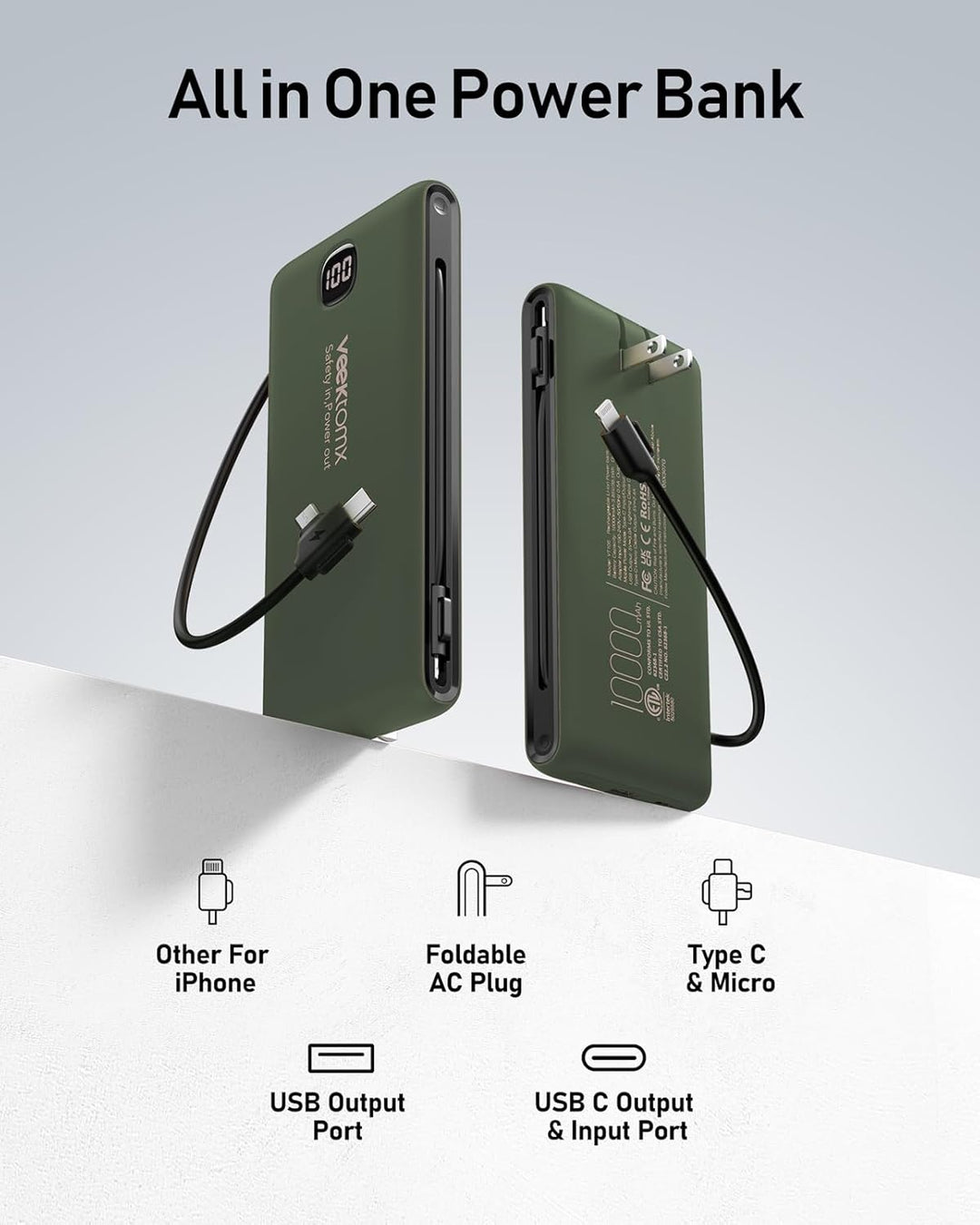 VEEKTOMX - Cargador portátil con cables integrados de 10,000 mAh, b...