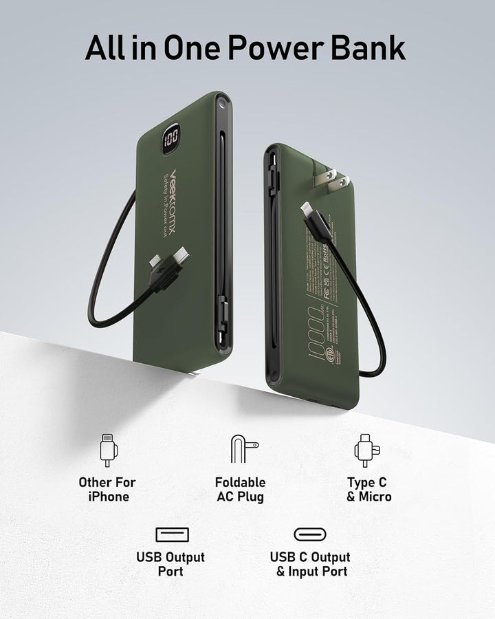 VEEKTOMX - Cargador portátil con cables integrados de 10,000 mAh, b...