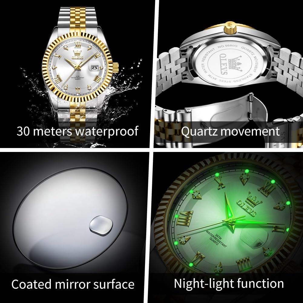 OLEVS Reloj Clásico para Hombre Diamante Analógico Lujo Acero Inoxidable a Dos Tonos Resistente al Agua con Fecha Luminous para Hombres