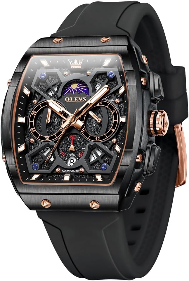 OLEVS Relojes para Hombre Casual Lujo Cara Grande Cronógrafo Multifuncional Relojes de Hombre Correa de Silicona/Nylon Duradera 3 ATM Resistente al Agua Reloj de Hombre Fecha Fase Lunar Reloj