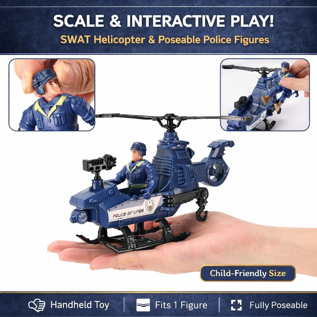 Liberty Imports Juego de 8 Piezas de Vehículos de Juguete y Figuras de Patrulla de Rescate Policial - Helicóptero, Camión SWAT, Motocicleta, Figuras de Acción, K-9, Armas y Accesorios para Juego
