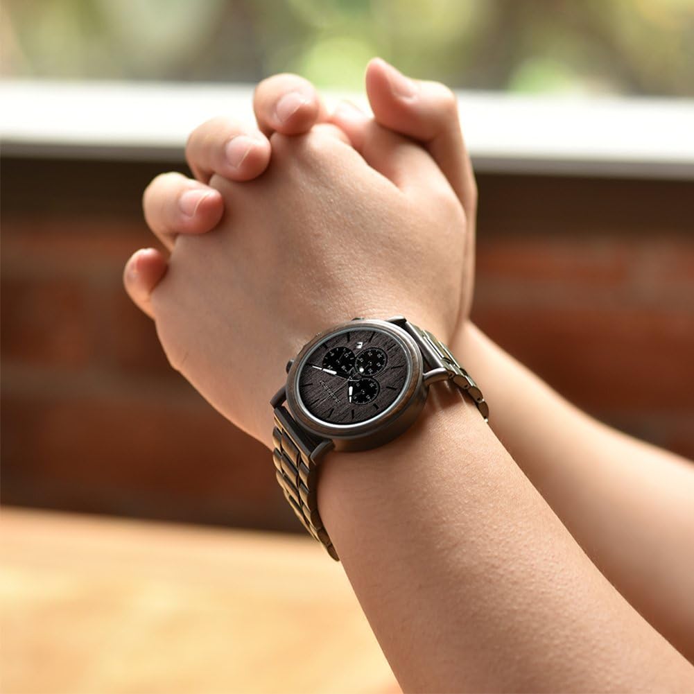 BOBO BIRD Relojes de madera para hombre, con cronógrafo combinado de madera y acero inoxidable, cuarzo militar, relojes de pulsera casuales
