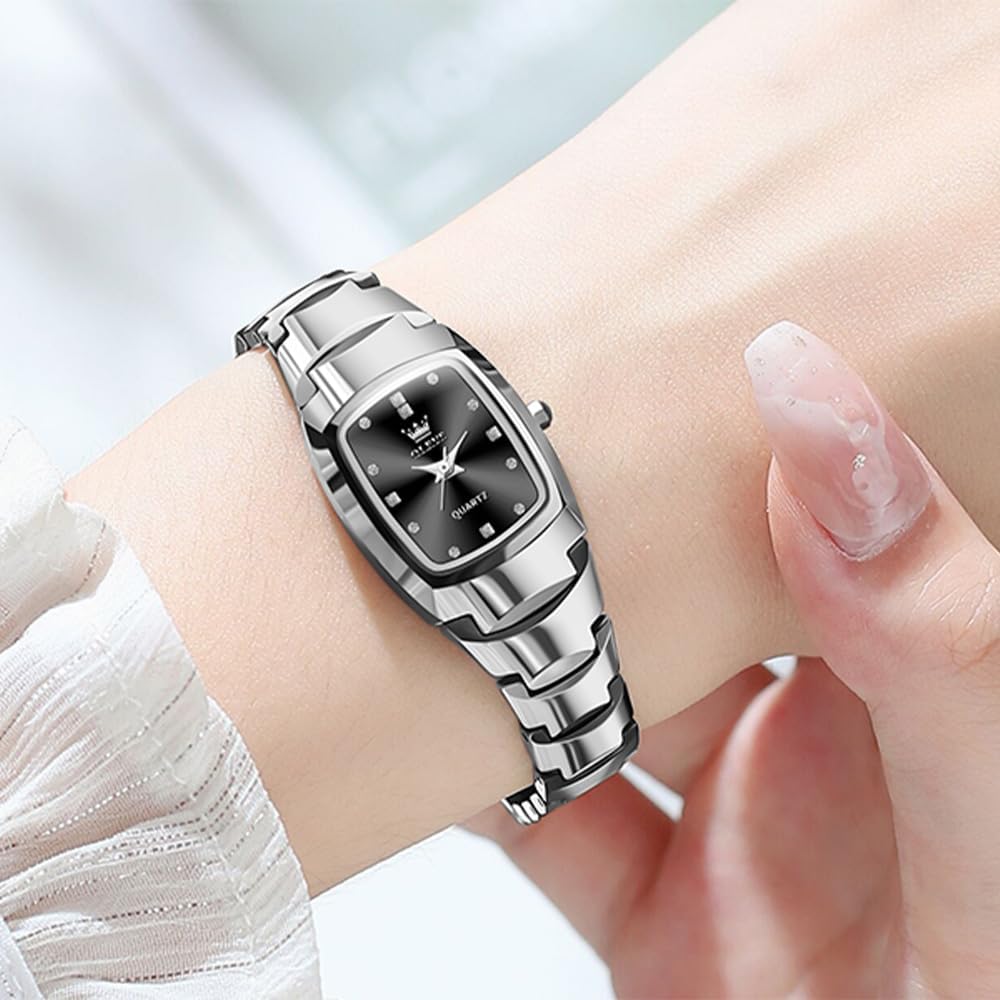 OLEVS Reloj para mujer Elegante de cara cuadrada pequeña con eslabones de acero tungsteno correa de pulsera, reloj de muñeca para damas, impermeable, luminoso, analógico de cuarzo de precisión, elegante reloj de vestir, joyería de lujo delicada