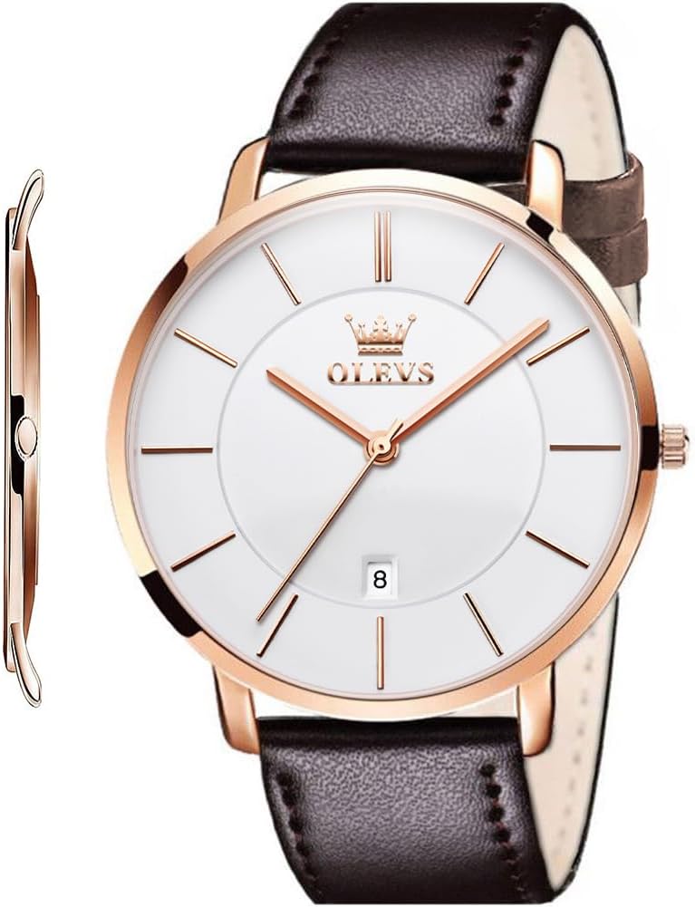 OLEVS Relojes de Hombre de Cuero Negro Ultrafinos 6.5 mm Minimalista Vestir Simple Moda Casual Resistente al Agua con Fecha