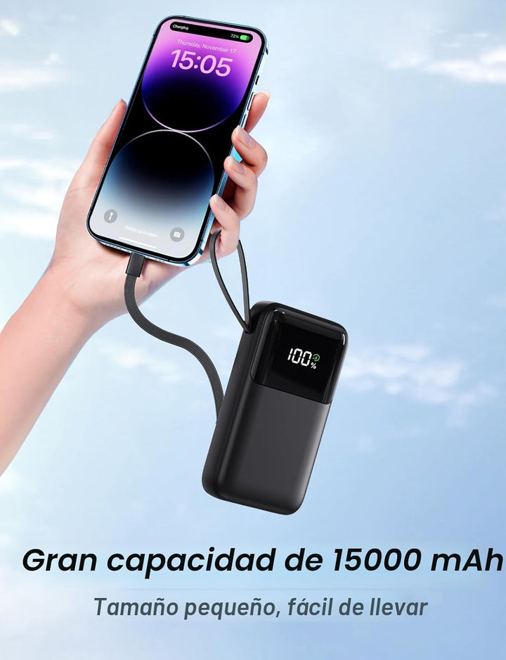 Banco de energía, cargador portátil de 15000 mAh con cable integrad...