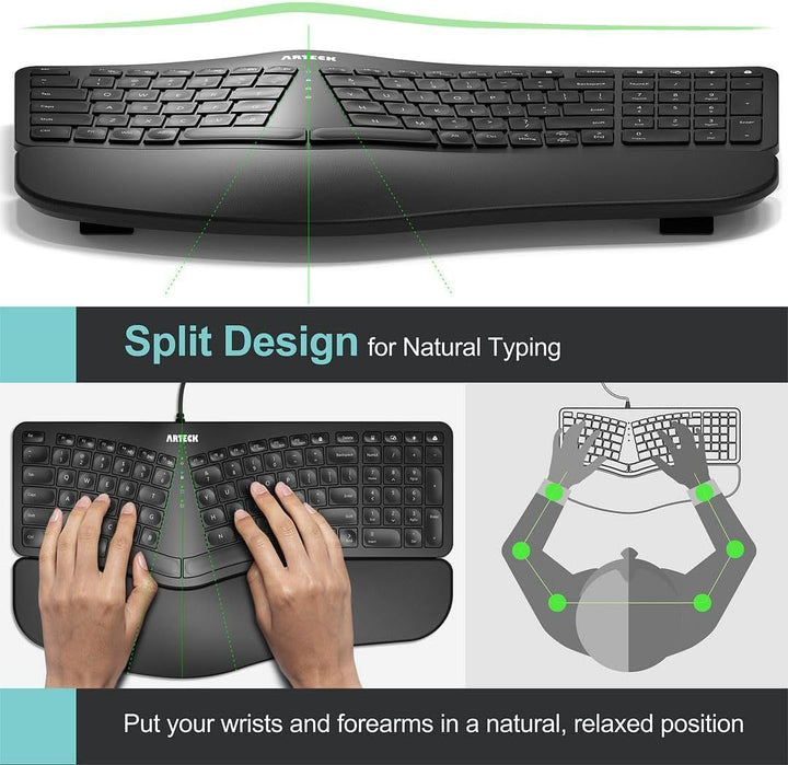 Arteck - Teclado USB Ergonómico con Cable con