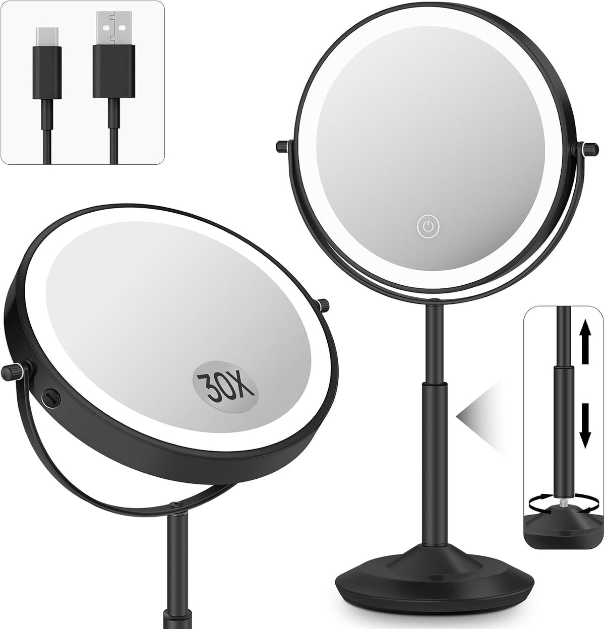 Espejo de maquillaje iluminado de 8 pulgadas con luz, espejo ajustable de
