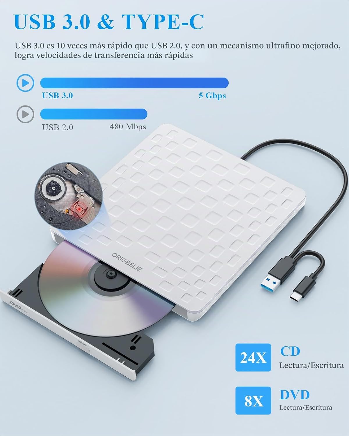 ORIGBELIE Unidad Externa de CD\/DVD para Laptop, Ultra Delgada de 1...
