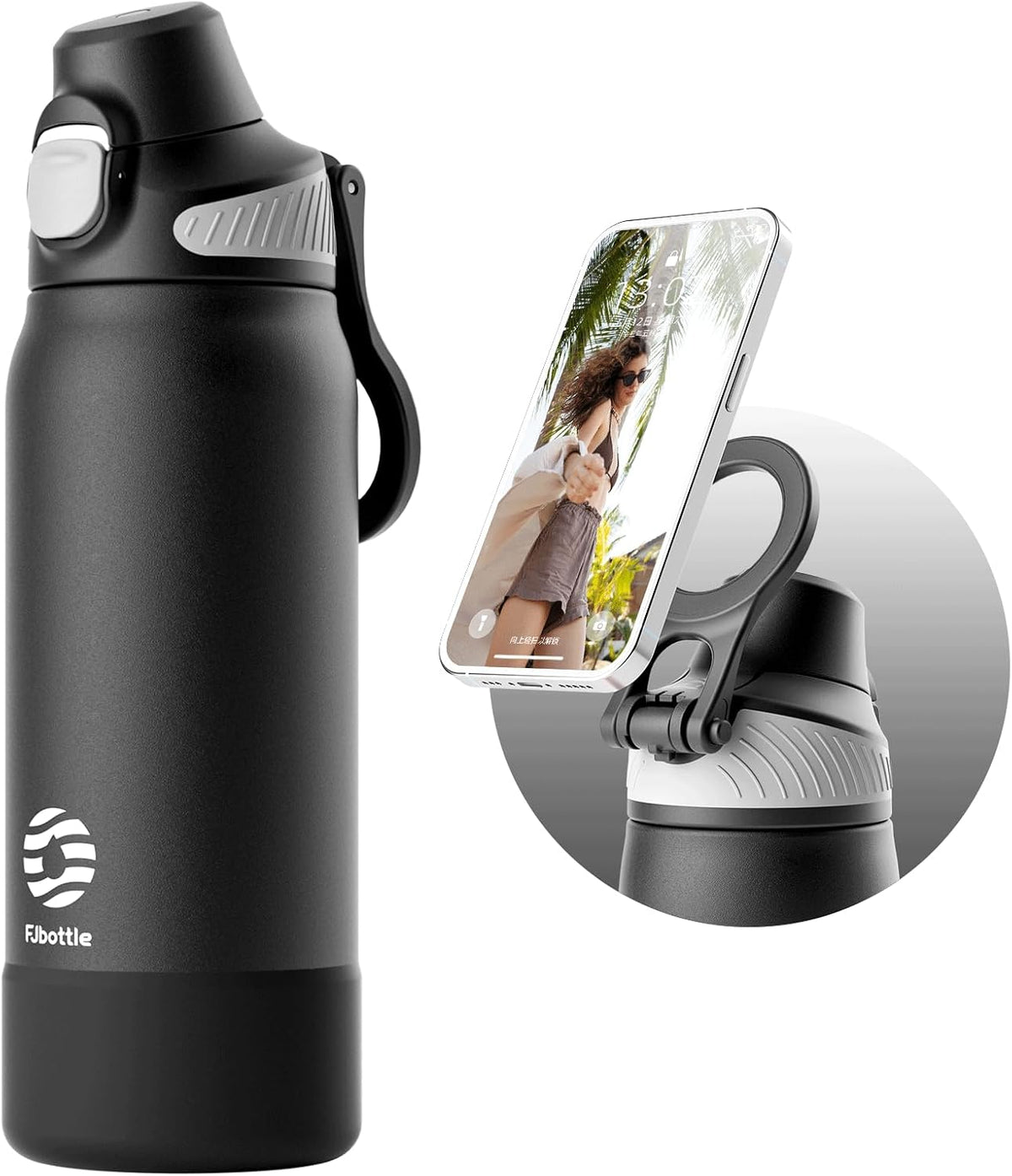 FJbottle Botella de agua aislada con soporte magnético para teléfono, frasco deportivo de acero inoxidable a prueba de fugas, función de trípode para gimnasio, entrenamiento, 32 onzas, color negro
