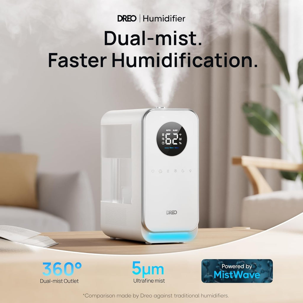 DREO Humidificadores para dormitorio, humidificador inteligente silencioso de niebla fría para habitación grande, difusor de aceite y luz nocturna, 50 horas de tiempo de funcionamiento para plantas de