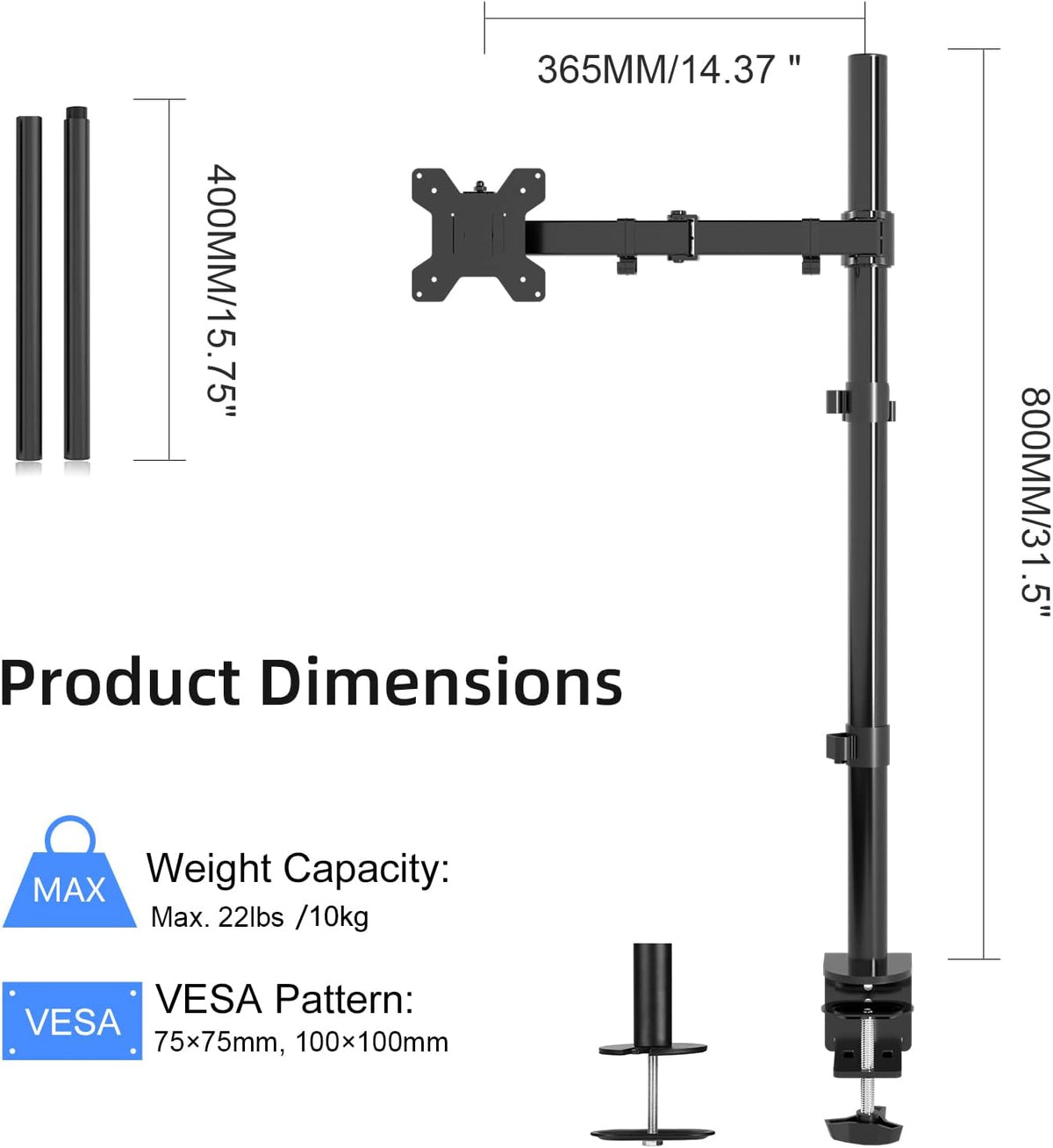 Suptek Soporte de escritorio con brazo para monitor único, soporte de monitor totalmente ajustable para 1/una pantalla de hasta 32 pulgadas, poste extra alto de 31.5 pulgadas, negro (MD6821)
