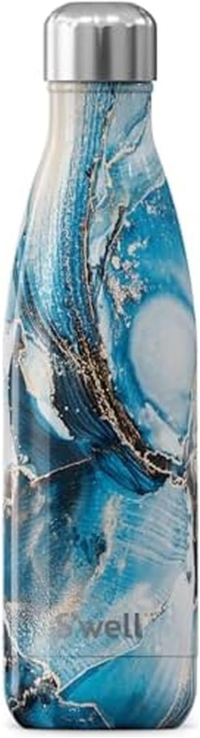 S'well Botella de agua de acero inoxidable, 17 onzas, mármol oceánico, recipientes aislados al vacío de triple capa que mantiene las bebidas frías durante 36 horas y calientes durante 18, sin BPA