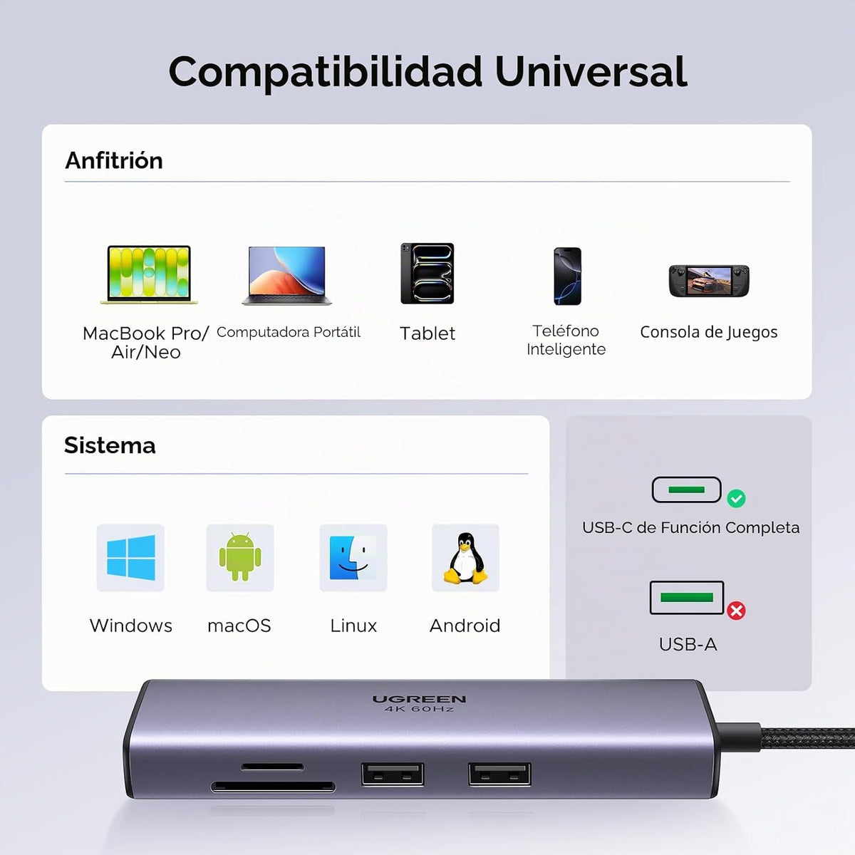 UGREEN, 60515, hub USB 2.0 de 3 puertos