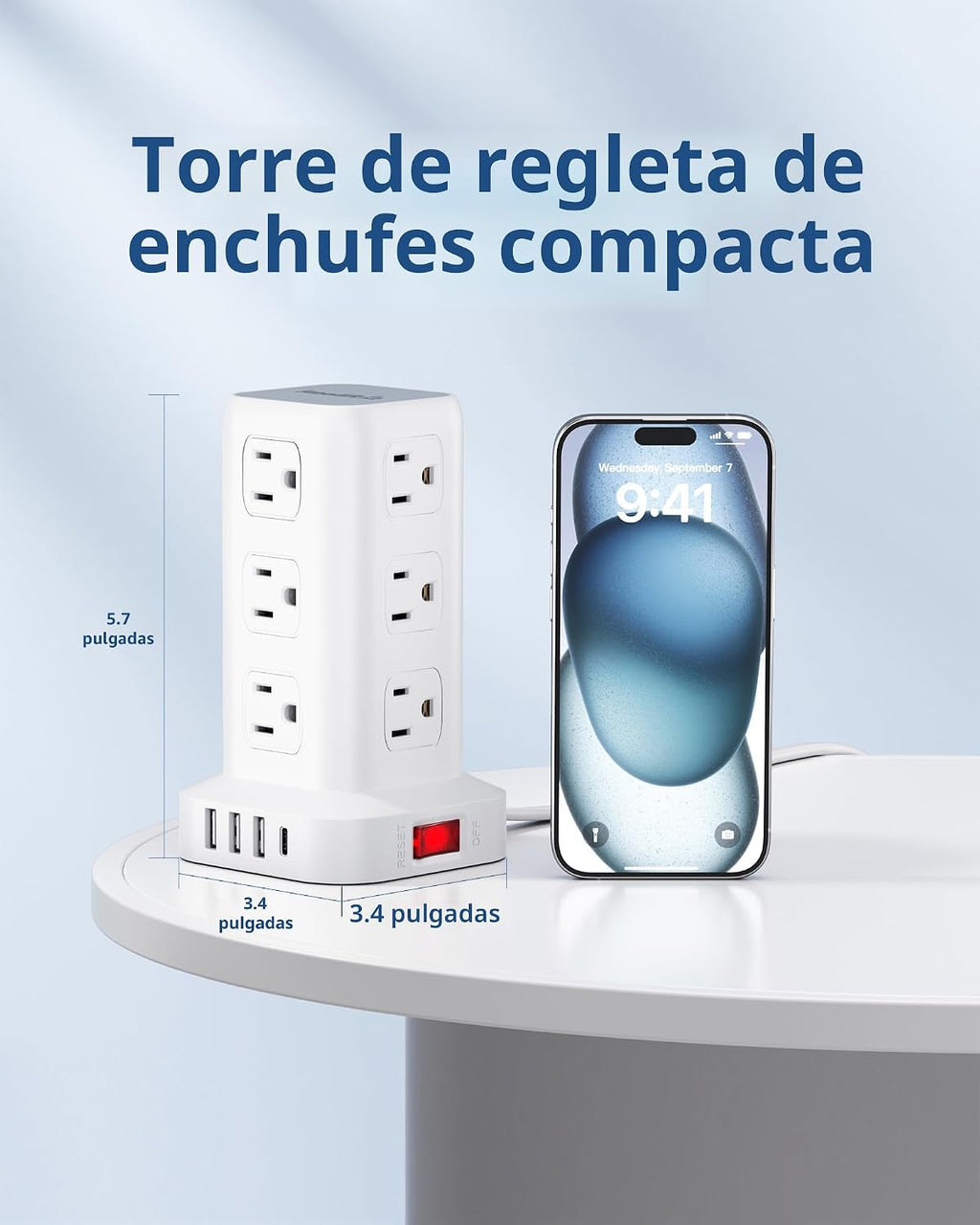 Extension Cord con Multiple Outlets, SMALLRT Flat Plug Power Strip Tower, Outlet Extender con USB 12 AC Outlets, 10FT Ultra Thin Extension Cord para Home Office, Overload Protection