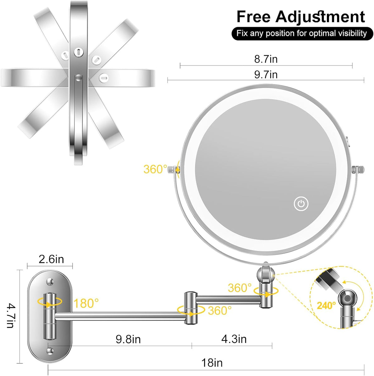 Espejo de maquillaje iluminado de pared de 9 pulgadas, espejo de aumento de doble cara recargable de 4000 mAh 1X/10X con luz, 3 luces de color, regulable al tacto, espejo de maquillaje montado en la pared con brazo extendido de rotación de 360 grados