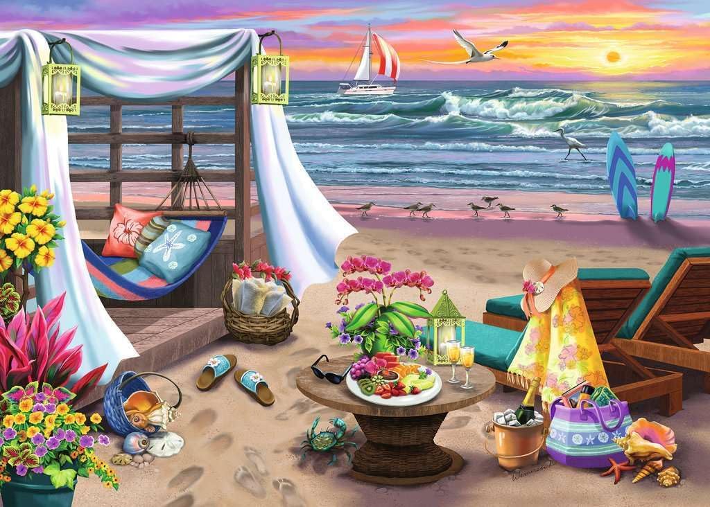 Ravensburger - Cabana Retreat - Rompecabezas de gran formato de 500 piezas - Disfruta de brisas tranquilas y saladas y una impresionante puesta de sol en el océano - Enmarcable - Calidad premium