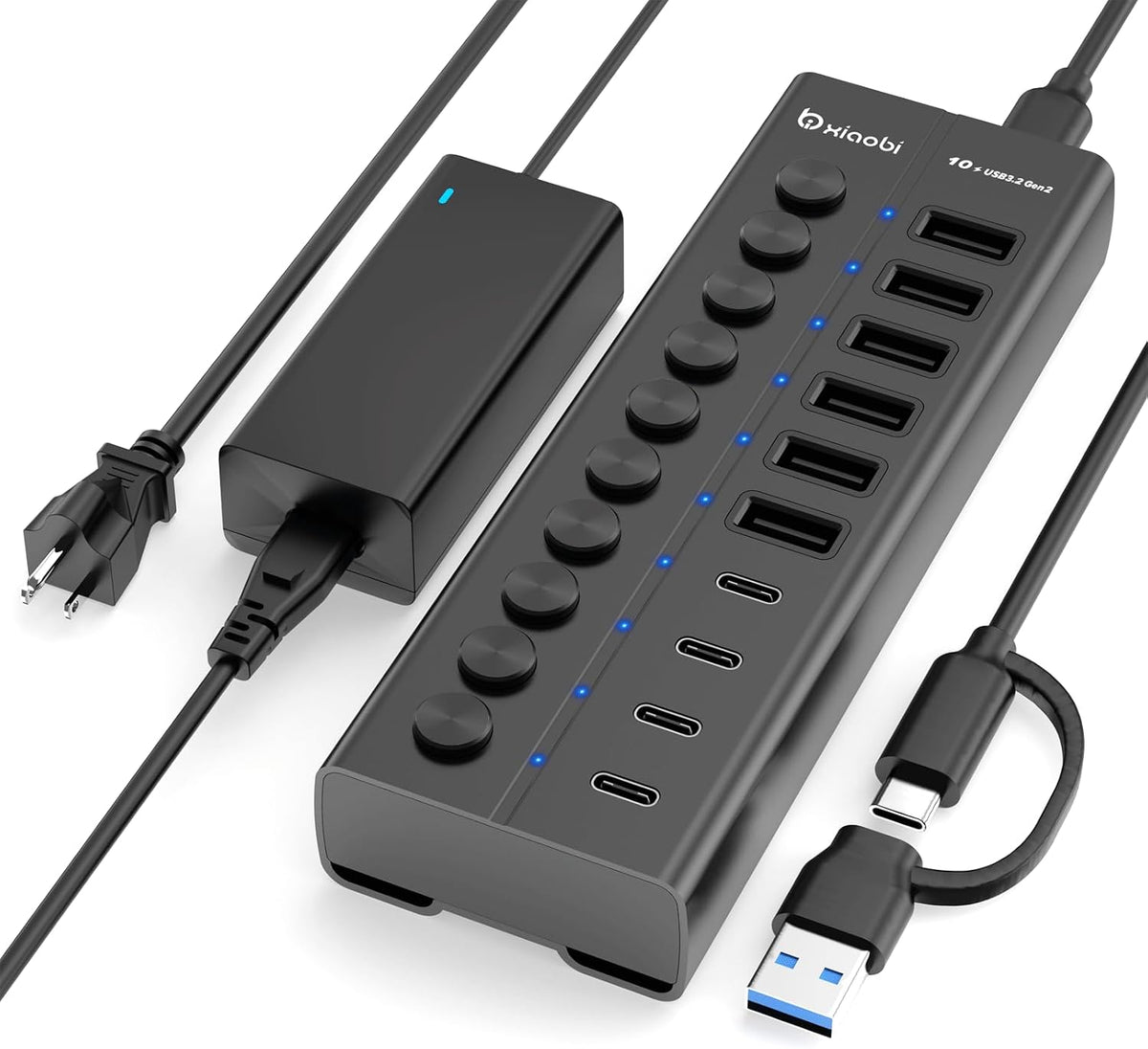 xiaobi, hub USB 3.2 de 10 puertos, alimentado, adaptador 12V/5A