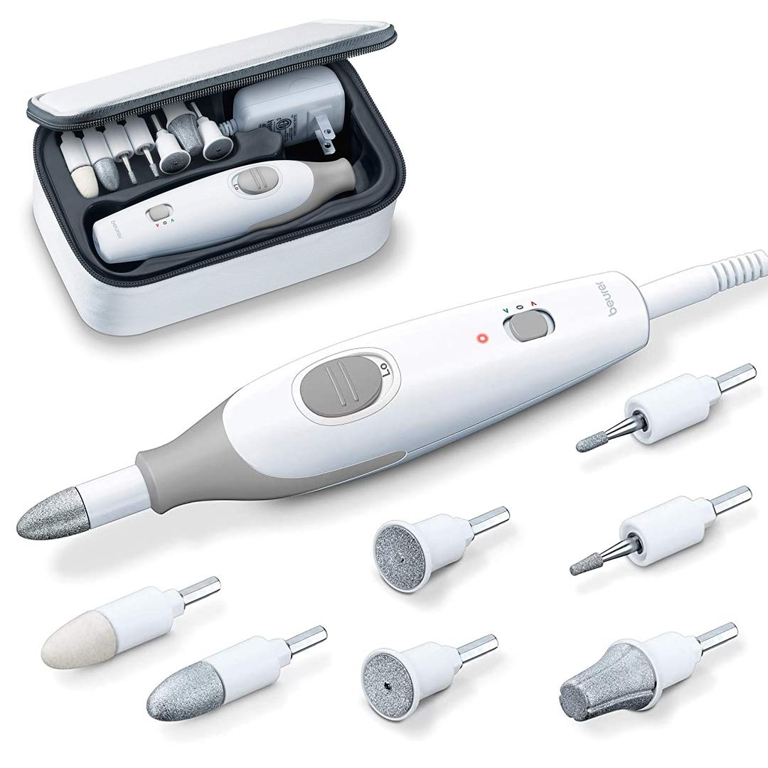 Beurer MP32 - Taladro eléctrico de uñas con 7 accesorios, juego de manicura y pedicura con 2 niveles de velocidad y doble rotación para cuidado de uñas de calidad de salón en casa, incluye estuche de almacenamiento