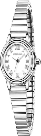 Relojes pequeños de oro para mujer, reloj analógico de esfera fácil de leer, caja ovalada, banda de expansión de acero inoxidable, reloj impermeable