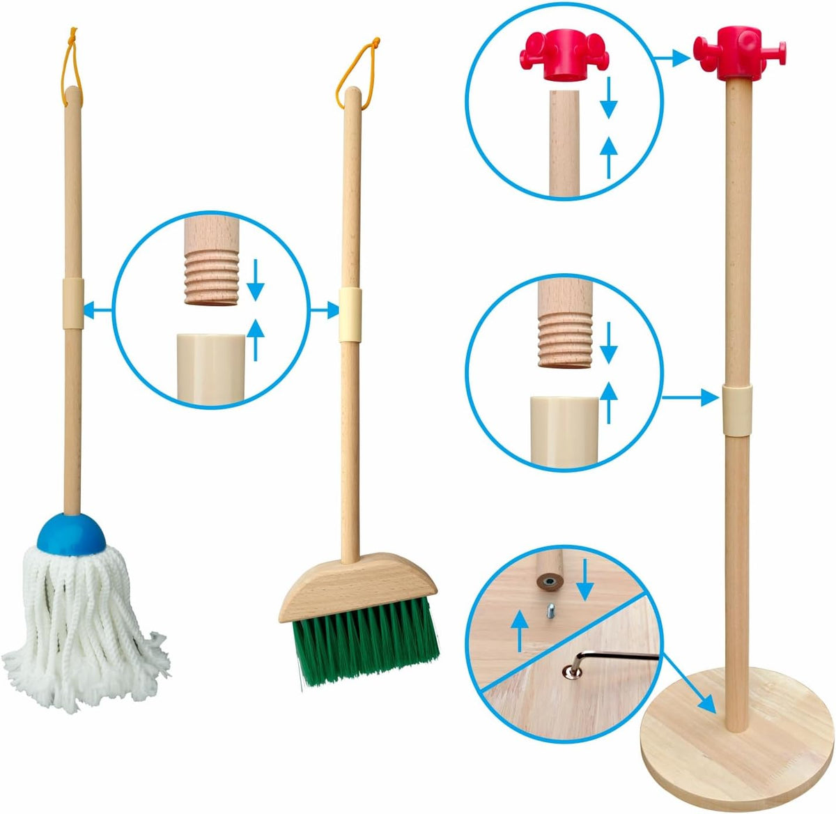 Juego de limpieza para niños, paquete de 8 unidades de limpieza de madera para tareas domésticas, incluye escoba, recogedor, escoba, recogedor, cepillos y soporte organizador, madera de haya maciza, juguetes de limpieza, regalo para niños y niñas de 3 a 8
