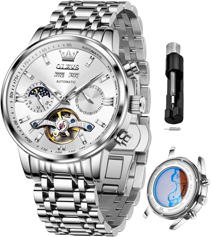 OLEVS Relojes Automáticos para Hombres Lujo Reloj Mecánico esqueleto Autoa Tono Cuerda continua Fecha a prueba de agua Luminoso Reloj para Hombres