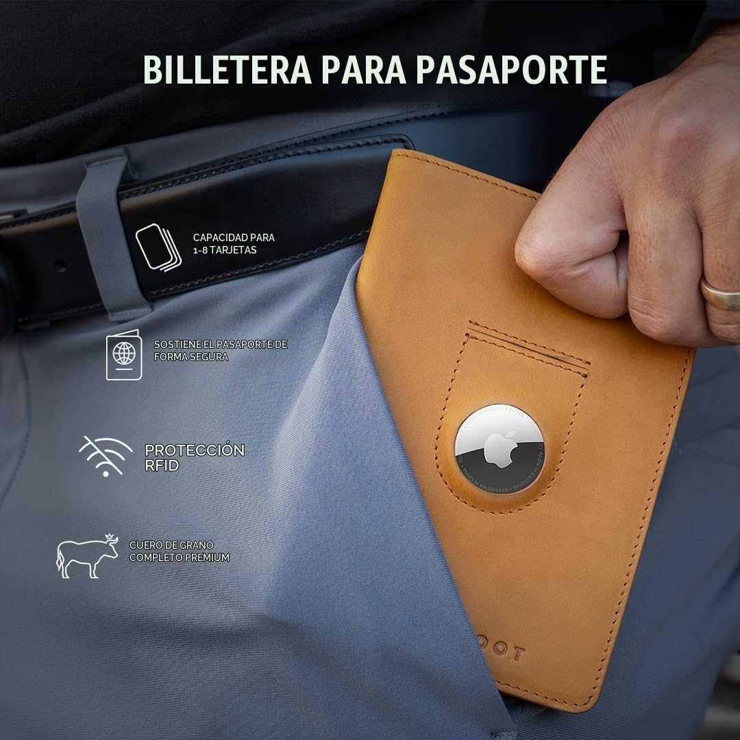 Kings Loot Cartera de pasaporte con soporte para AirTag, coñac
