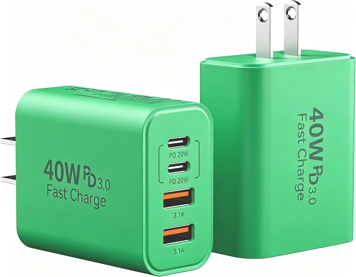 Bloque de carga USB C, paquete de 2 cubos de carga rápida de teléfono de 40 W, 4 puertos tipo C, enchufe de pared PD + QC 3.0 USB A, cabezal de carga, caja de ladrillo de alimentación para iPhone 16