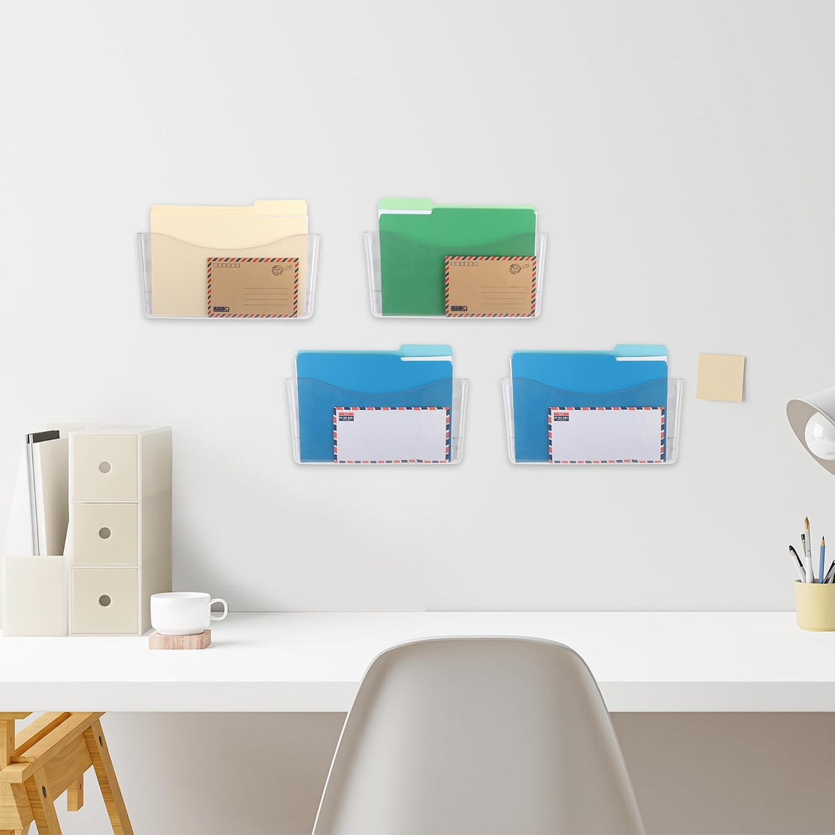 Paquete de 4 organizadores de archivos colgantes de bolsillo único transparentes, organizador de archivos de pared de plástico para correos, revistas y papeles, contenedores de carpetas