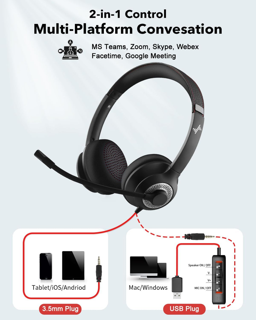 JIAMQISHI Auriculares USB con micrófono para PC, auriculares sobre...