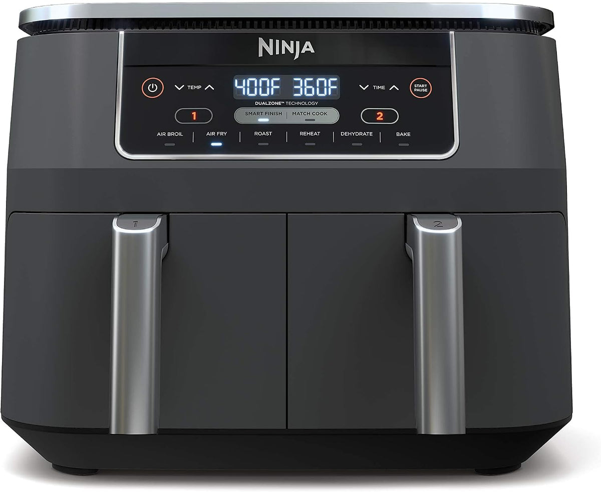 Ninja DZ201 Foodi - Freidora de aire de 8 cuartos (8 qt) 6 en 1 con tecnología DualZone, 2 cestas con 2 canastas de freír independientes, Match Cook y Smart Finish para asar, tostar, deshidratar y más