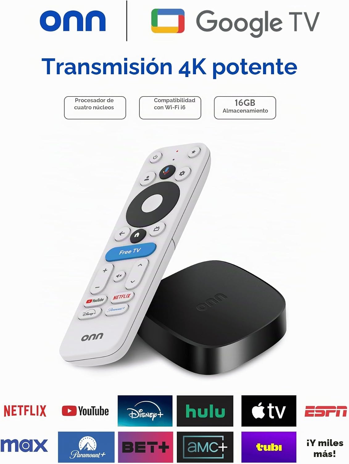 onn - Dispositivo de transmisión 4k Plus, dispositivo de transmisión ultrarrápida de Google TV, almacenamiento de 16 GB, RAM de 2 GB, remito con control de voz, solo EE. UU
