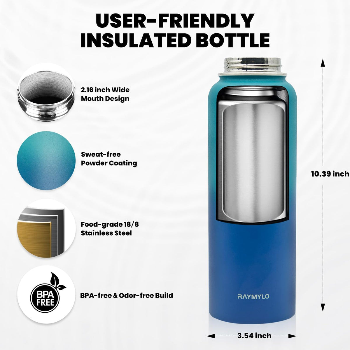 RAYMYLO Botella de agua aislada de 40 oz, acero inoxidable al vacío de