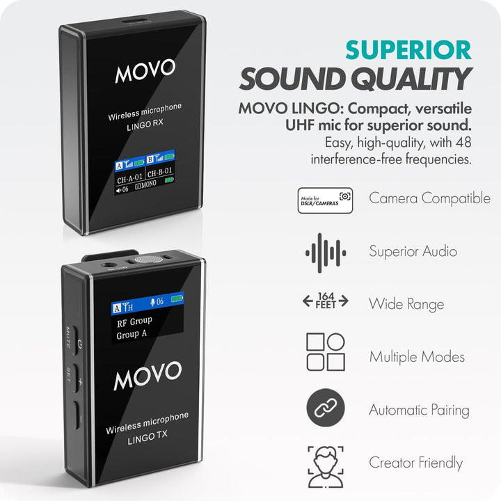 Movo Lingo - Sistema de micrófono inalámbrico UHF de 48 canales par...