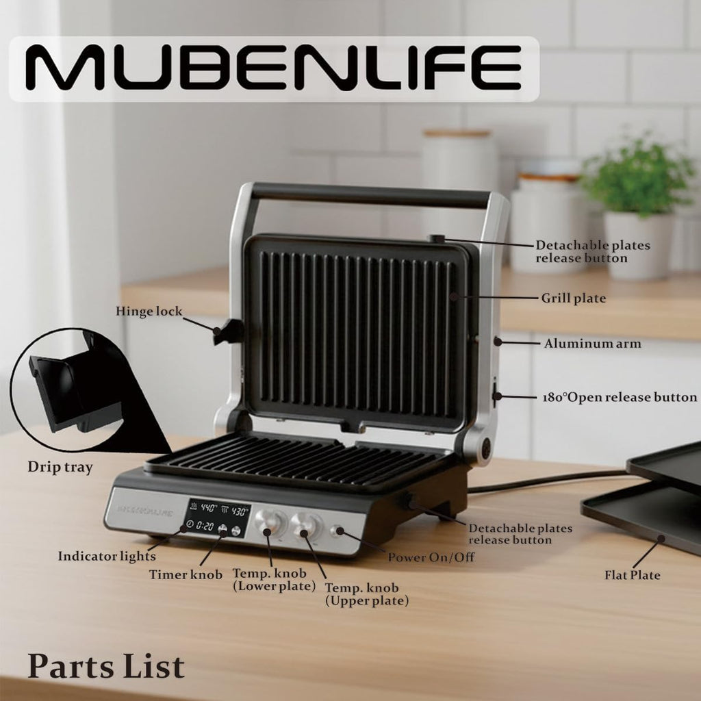 Prensa Panini, parrilla de contacto de 4 rebanadas con parrilla antiadherente extraíble y platos planos, fabricantes de panini con control de temperatura y temporizador, abierto a 180 grados, parrilla y plancha (negro medio con digital)