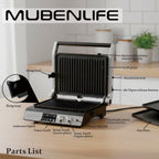 Prensa Panini, parrilla de contacto de 4 rebanadas con parrilla antiadherente extraíble y platos planos, fabricantes de panini con control de temperatura y temporizador, abierto a 180 grados, parrilla y plancha (negro medio con digital)