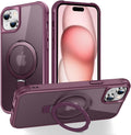 Funda magnética compatible con iPhone 15 con soporte, prueba de caídas de grado militar, compatible con imán, anillo translúcido, parte trasera dura, borde suave, color rojo vino