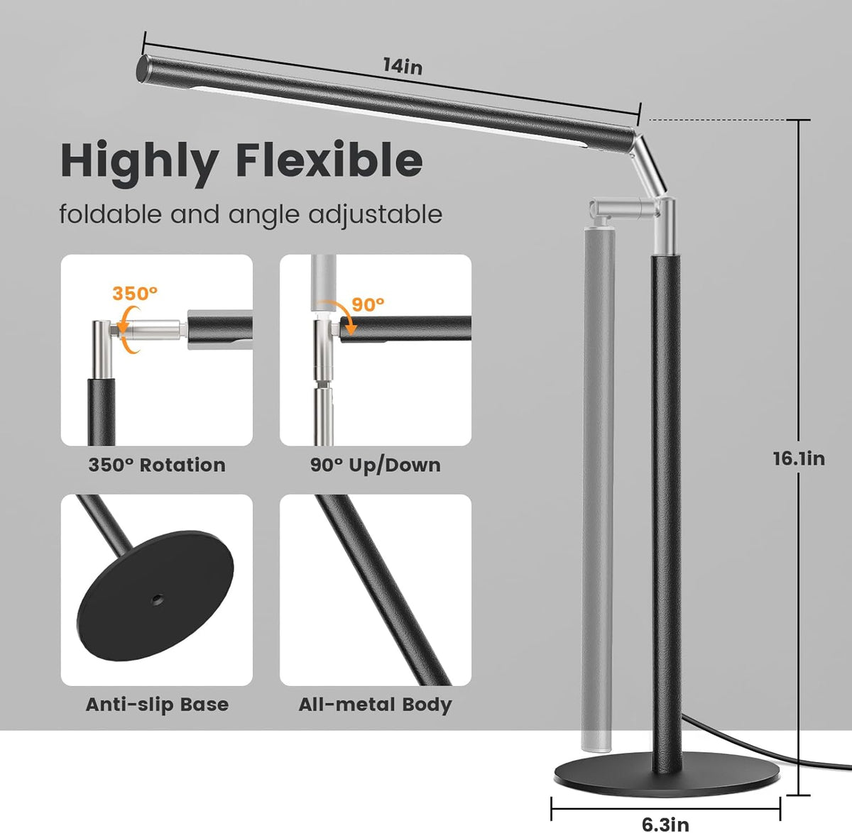 Lámpara Lámpara de escritorio LED de metal, luz de escritorio regulable de 16 pulgadas con base, 15 W 1200 lm, adaptador incluido, color y brillo ajustable, lámpara de mesa alta moderna para oficina en casa, lectura, estudio, tareas, laptop, negro