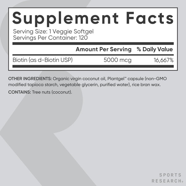 Biotin (alta potencia) 5000 mcg por cápsula vegetariana; mejorada c...