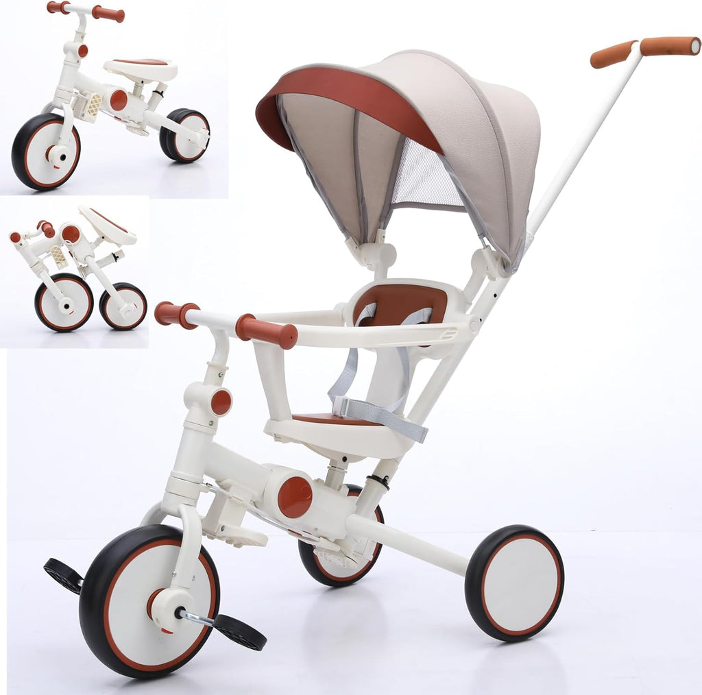 Triciclo plegable de empuje para niños pequeños con toldo, triciclo de equilibrio 8 en 1 con asa, triciclo para niños de 1 a 3 años, triciclos plegables para niños (blanco)