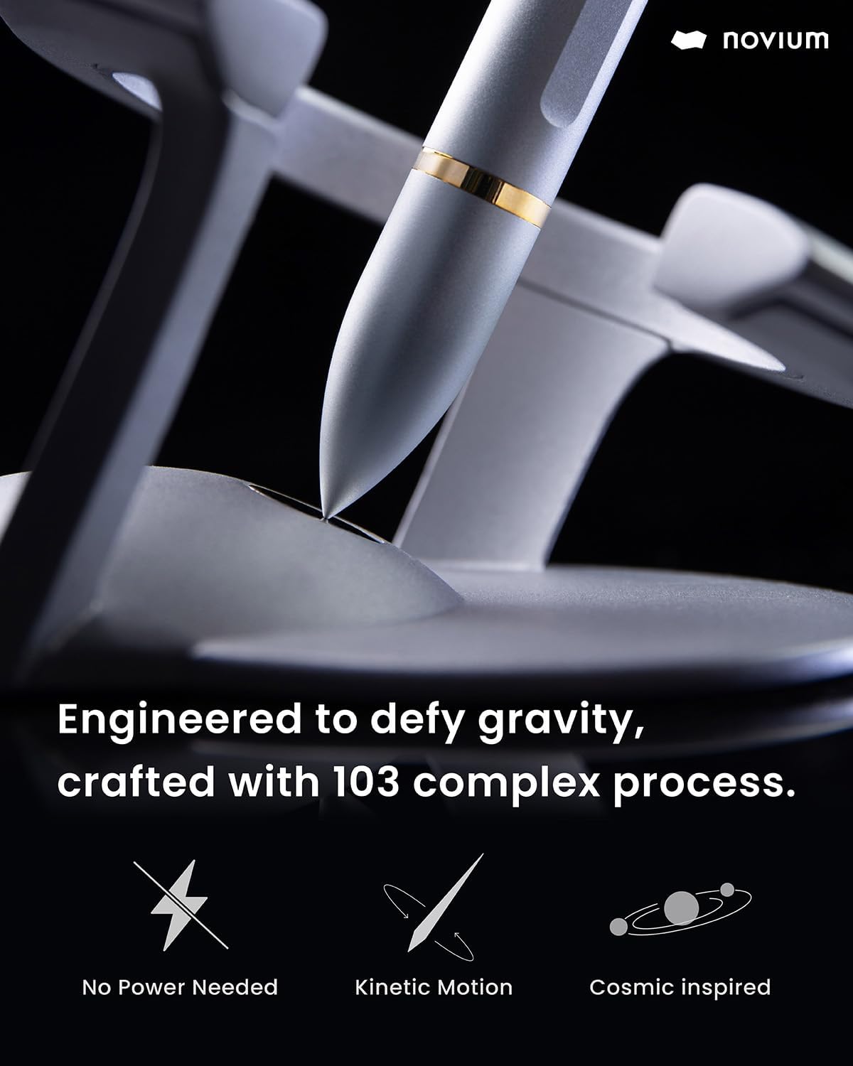 Novium Hoverpen 2.0 Bolígrafo de lujo futurista, bolígrafo profesional, estética única, impresionante bolígrafo ejecutivo con suspensión libre para girar, accesorios geniales, regalos de Navidad para hombres (color plata, enchapado en oro de 18 quilates)