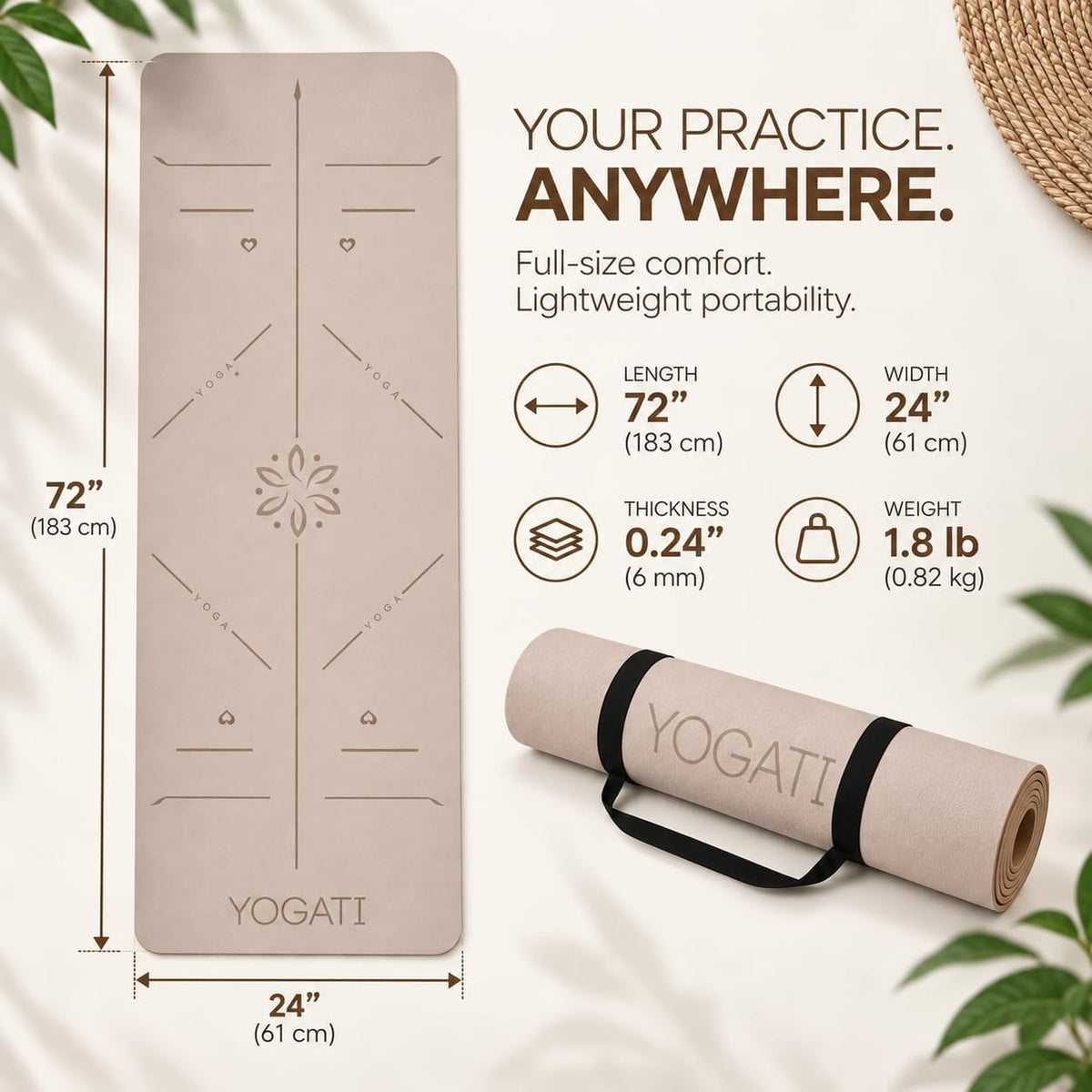 YOGATI® Esterilla de Yoga con Correa con Líneas de Alineación. Esterilla de Entrenamiento en Casa para Mujeres, Hombres y Niños. Esterilla de Yoga Gruesa Antideslizante para Pilates y Fitness