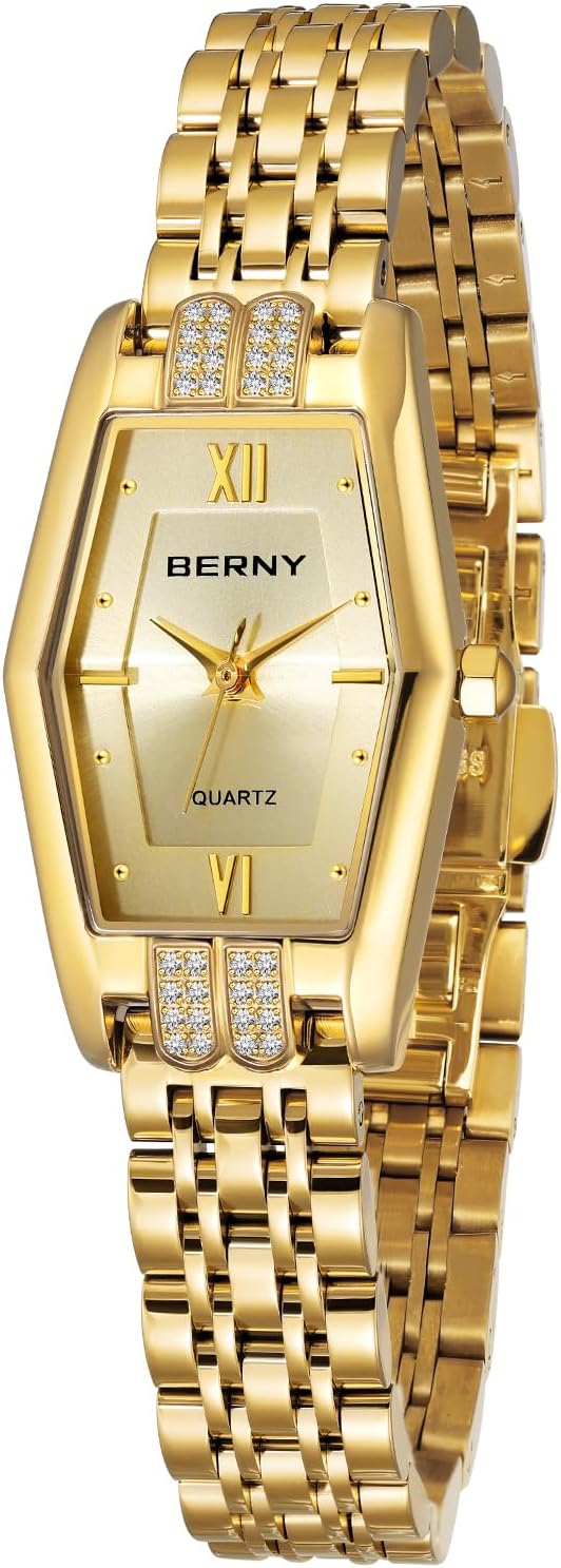 BERNY Relojes de oro para mujer, delicado hexágono, reloj de pulsera de cuarzo para mujer, correa de acero inoxidable, reloj analógico de moda, pulsera de lujo
