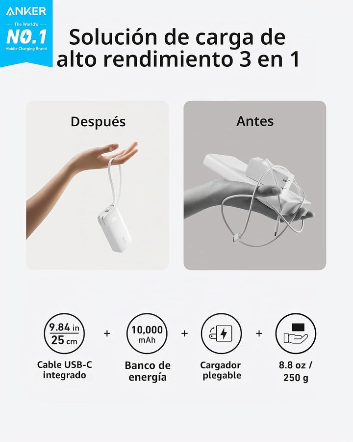 Anker - Cargador portátil nano 3 en 1 para iPhone, 10 000 mAh, con...