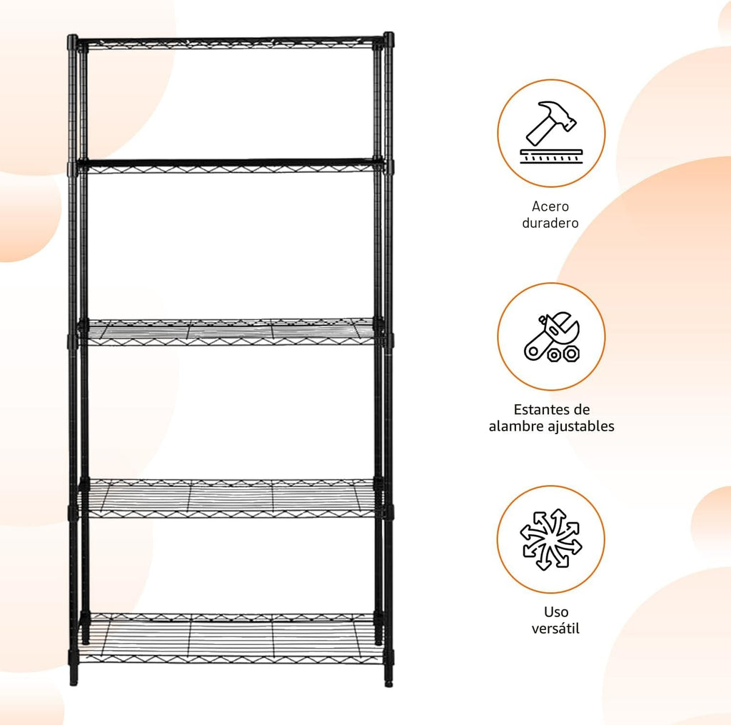 Amazon Basics Estantes de almacenamiento de alambre de acero resistentes ajustables con 5 estantes para garaje, cocina, fácil montaje, 36 x 14 x 72 pulgadas, color negro